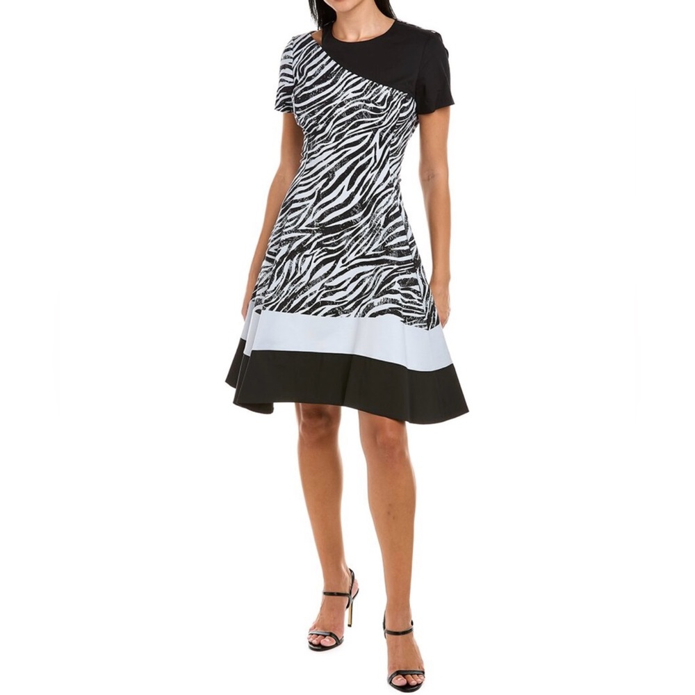 Donna Karan NY Zebra Print Asymmetrical Black White A-Line Dress Sz 12